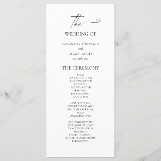 Minimalistisches Schwarz-Weiß-Hochzeitsprogramm Menükarte (Vorderseite)