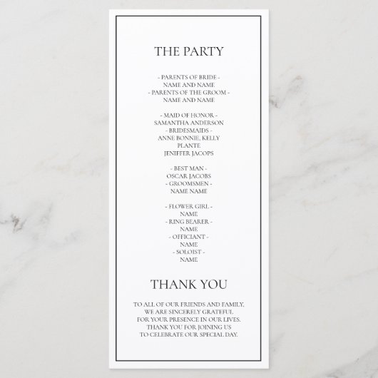 Minimalistisches Schwarz-Weiß-Hochzeitsprogramm Menükarte (Rückseite)