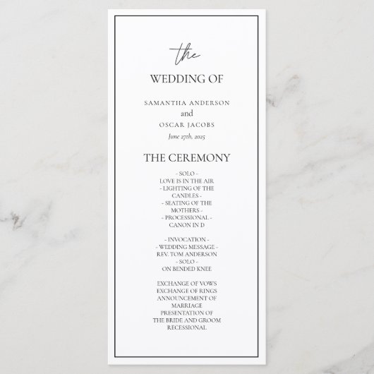 Minimalistisches Schwarz-Weiß-Hochzeitsprogramm Menükarte (Vorderseite)