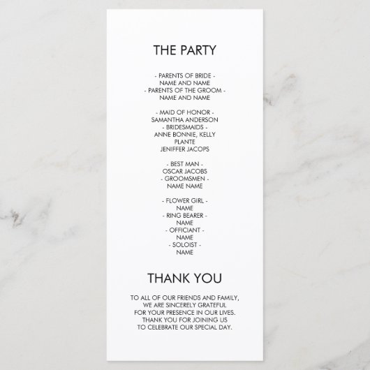 Minimalistisches Schwarz-Weiß-Hochzeitsprogramm Menükarte (Rückseite)