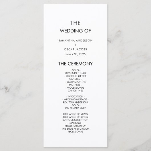 Minimalistisches Schwarz-Weiß-Hochzeitsprogramm Menükarte (Vorderseite)