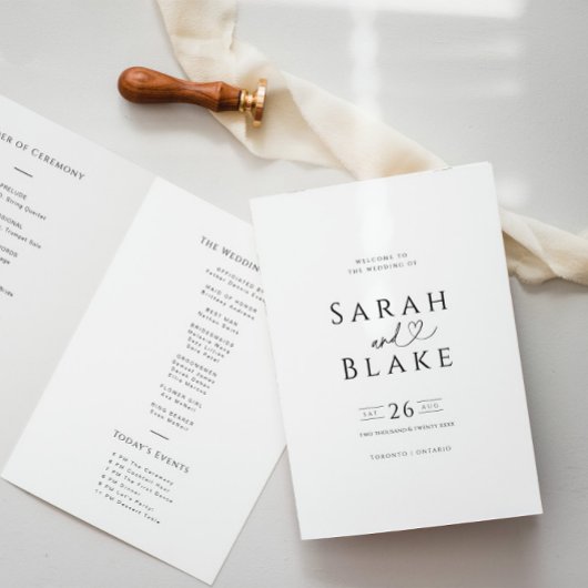 Minimalistisches Schwarz-Weiß-Hochzeitsprogramm Programm