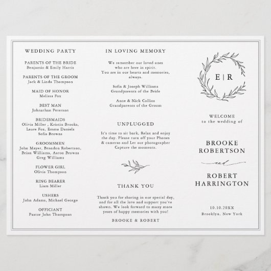 Minimalistisches Schwarz-Weiß-Leaf-Hochzeitsprogra (Vorderseite)