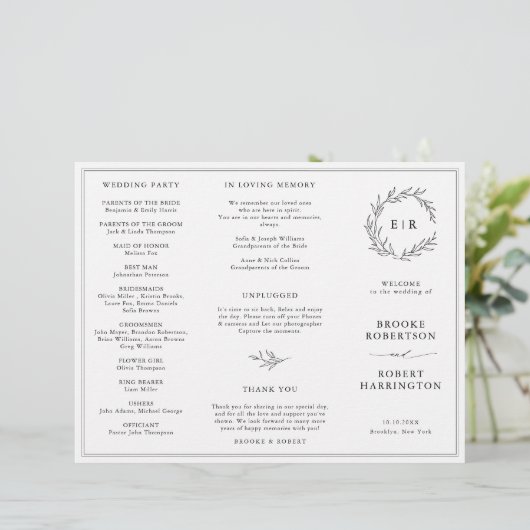 Minimalistisches Schwarz-Weiß-Leaf-Hochzeitsprogra (Stehend Vorderseite)