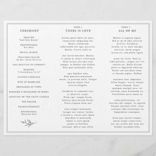 Minimalistisches Schwarz-Weiß-Leaf-Hochzeitsprogra (Rückseite)