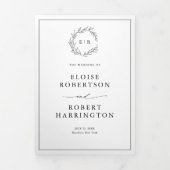 Minimalistisches Schwarz-Weiß-Leaf Moderne Hochzei Dreifach Gefaltete Ankündigung (Cover)