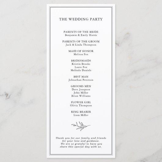 Minimalistisches Schwarz-Weiß-Leaf Moderne Hochzei Programm (Rückseite)