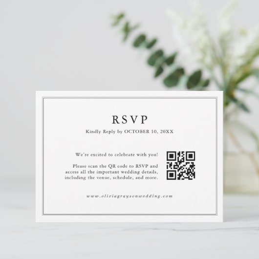 Minimalistisches Schwarz-Weiß-Leaf Moderner QR-Cod RSVP Karte (Stehend Vorderseite)