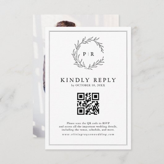 Minimalistisches Schwarz-Weiß-Leaf Modernes QR-Cod RSVP Karte (Vorne/Hinten)