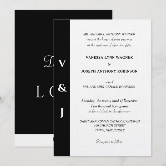 Minimalistisches Schwarz-Weiß-Monogramm Einladung (Vorne/Hinten)