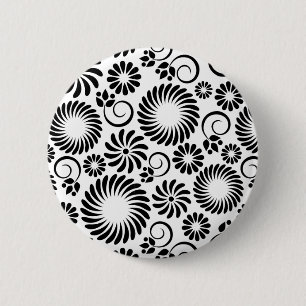 Minimalistisches Schwarz-Weiß-Retro-Spiralblumenmu Button