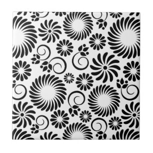 Minimalistisches Schwarz-Weiß-Retro-Spiralblumenmu Fliese