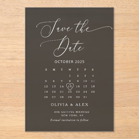 Minimalistisches Schwarz-weiß Save the Date Acryleinladungen (Vorderseite)