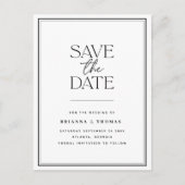 Minimalistisches Schwarz/Weiß Save the Date Ankündigungspostkarte (Vorderseite)