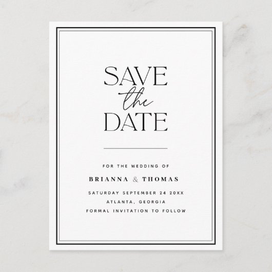 Minimalistisches Schwarz/Weiß Save the Date Ankündigungspostkarte (Vorderseite)