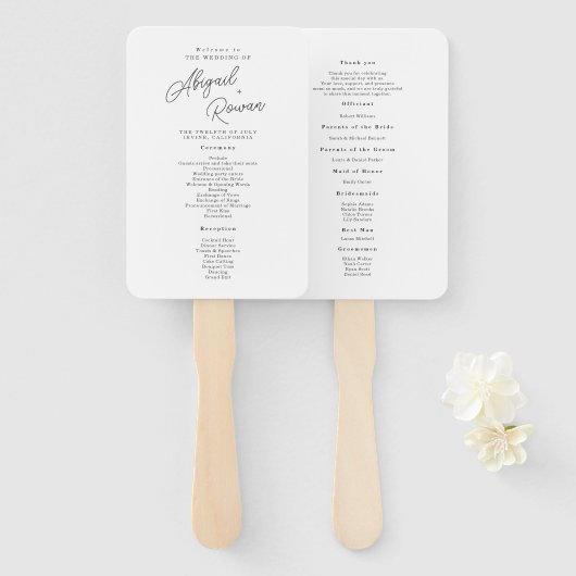 Minimalistisches Schwarz-Weiß-Script-Hochzeitsprog Fächer (Vorne und Hinten)