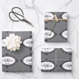 Minimalistisches Schwarz-Weiß-Vintage-Damaskus-Mon Geschenkpapier Set