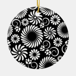 Minimalistisches Schwarz-Weiß-Volkskunst-Blumen-Sp Keramikornament