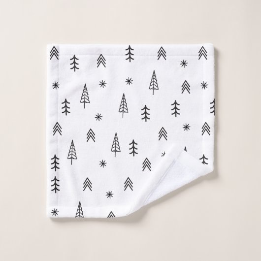 Minimalistisches Schwarz-Weiß-Winterwaldmuster Badhandtuch Set (Waschlappen)