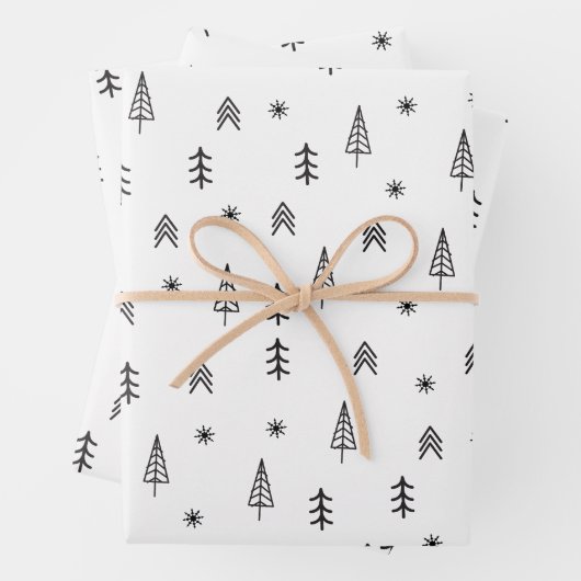 Minimalistisches Schwarz-Weiß-Winterwaldmuster Geschenkpapier Set (Beispiel)