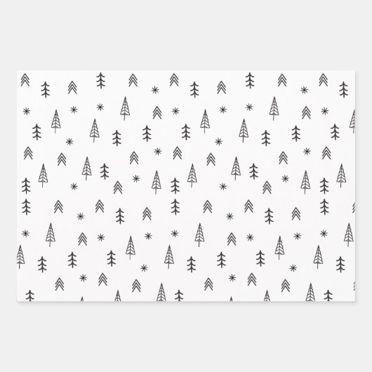 Minimalistisches Schwarz-Weiß-Winterwaldmuster Geschenkpapier Set (Vorderseite)