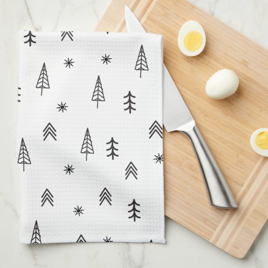 Minimalistisches Schwarz-Weiß-Winterwaldmuster Geschirrtuch (Viertel Falte)