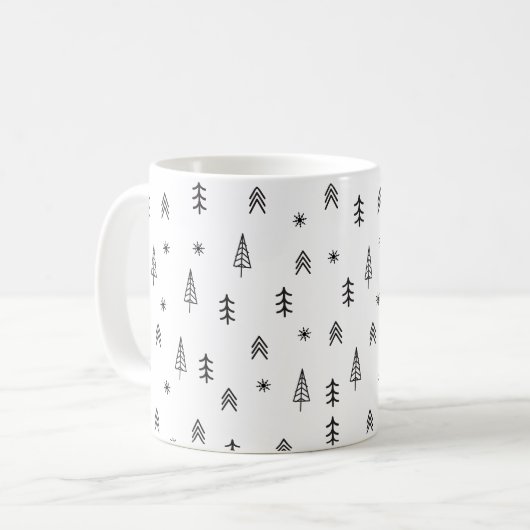 Minimalistisches Schwarz-Weiß-Winterwaldmuster Kaffeetasse (Vorderseite Links)