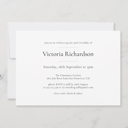 Minimalistisches Schwarz-weißes Foto 90. Geburtsta Einladung (Rückseite)