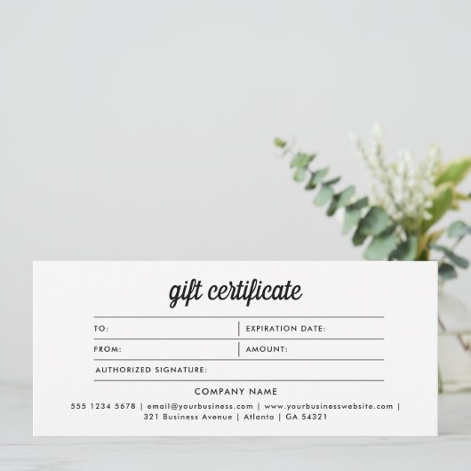 Minimalistisches Schwarz-weißes Geschenkzertifikat (Stehend Vorderseite)