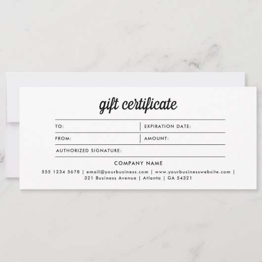 Minimalistisches Schwarz-weißes Geschenkzertifikat (Vorderseite)
