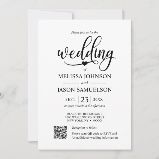Minimalistisches Schwarz-weißes Hochzeitsherz | QR Einladung (Vorderseite)