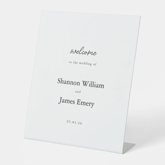 Minimalistisches Schwarz-weißes Hochzeitstabletop- Sockelschild (Vorderseite)