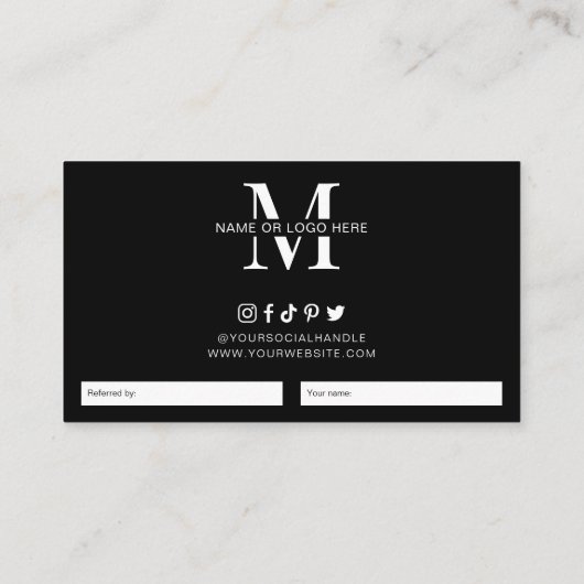 Minimalistisches Schwarz-weißes Logo eines Freunde Empfehlungskarte (Rückseite)