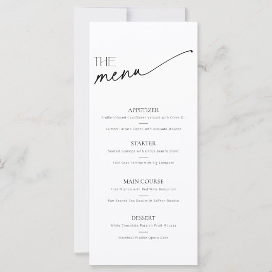 Minimalistisches Schwarz-weißes Menü mit Skripten (Vorderseite)