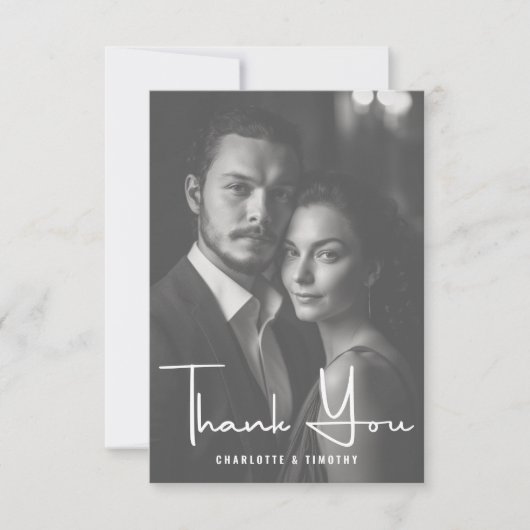 Minimalistisches Schwarz-weißes Script-Hochzeitssk Dankeskarte (Vorderseite)