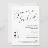 Minimalistisches Schwarz-weißes Script-Logo-Party Einladung (Vorderseite)