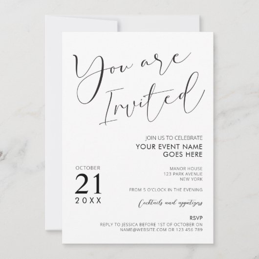 Minimalistisches Schwarz-weißes Script-Logo-Party Einladung (Vorderseite)