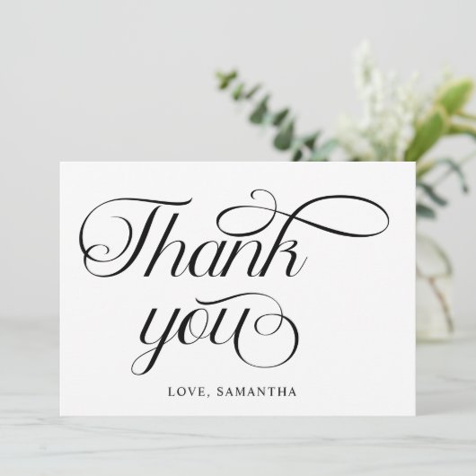 Minimalistisches Schwarz-weißes Skript Dankeskarte (Stehend Vorderseite)