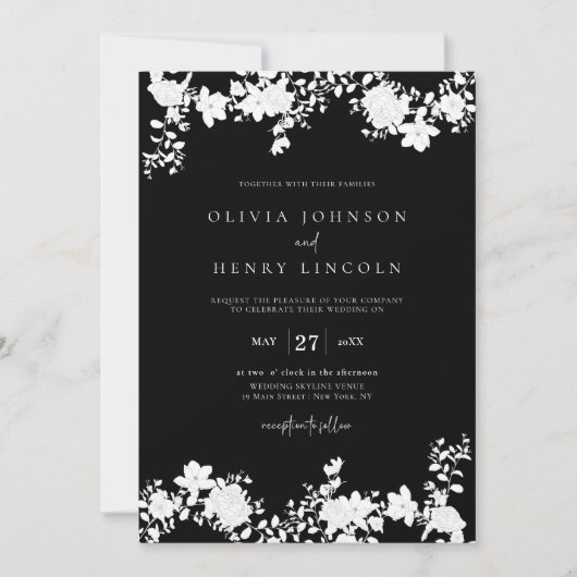 Minimalistisches Schwarz | White QR Code Floral We Einladung (Vorderseite)