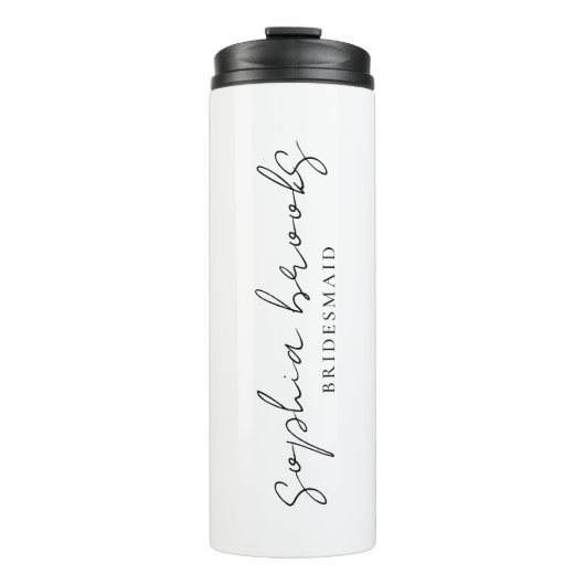 Minimalistisches schwarzes Brautjungfern-Hochzeits Thermosbecher (Vorderseite)