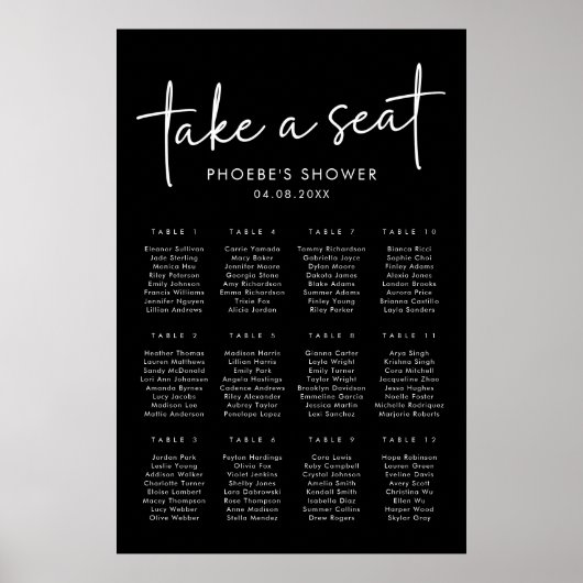 Minimalistisches schwarzes Brautparty Sitzdiagramm Poster (Vorne)