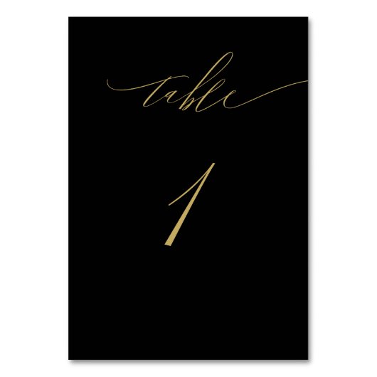 Minimalistisches Schwarzes Gold Elegantes Script N Tischnummer (Vorderseite)