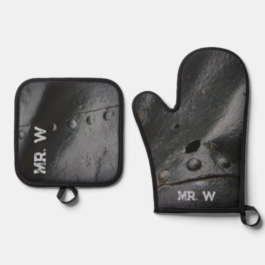 Minimalistisches schwarzes Metall im Loft-Stil Ofenhandschuh & Topflappen-Set (Vorderseite)