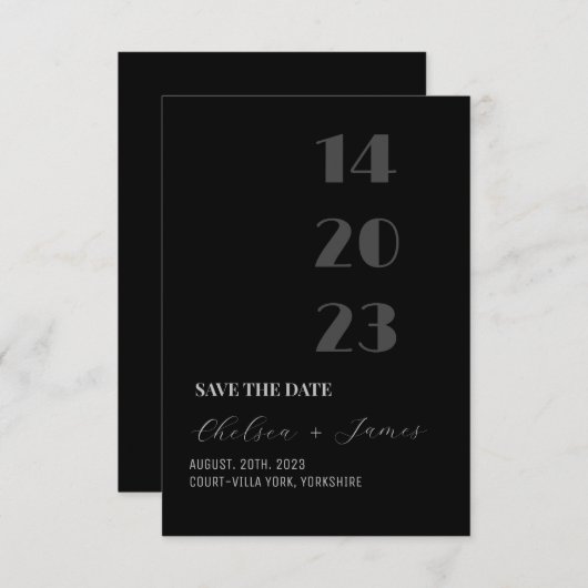 Minimalistisches schwarzes Skript Save the Date (Vorne/Hinten)