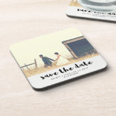 Minimalistisches schwarzes Typografie-Foto Save Untersetzer (Linke Seite)