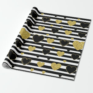 Minimalistisches Schwarzstreifen-Goldherzmuster Geschenkpapier