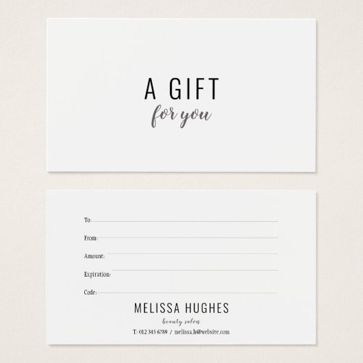 Minimalistisches Schwarzweiß-Geschenkzertifikat (Vorne & Hinten)