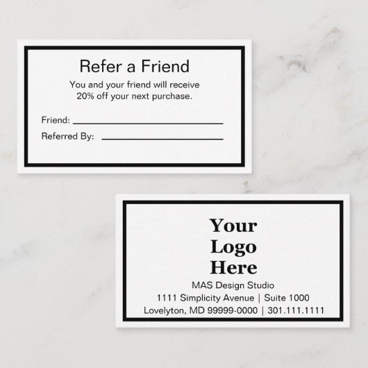 Minimalistisches Schwarzweiß-Logo hier Empfehlungskarte (Vorne/Hinten)