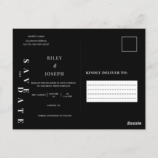Minimalistisches Schwarzweiß Save the Date Postkarte (Rückseite)
