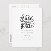 Minimalistisches Schwarzweiß-Skript Save the Date Ankündigungspostkarte (Vorne/Hinten)